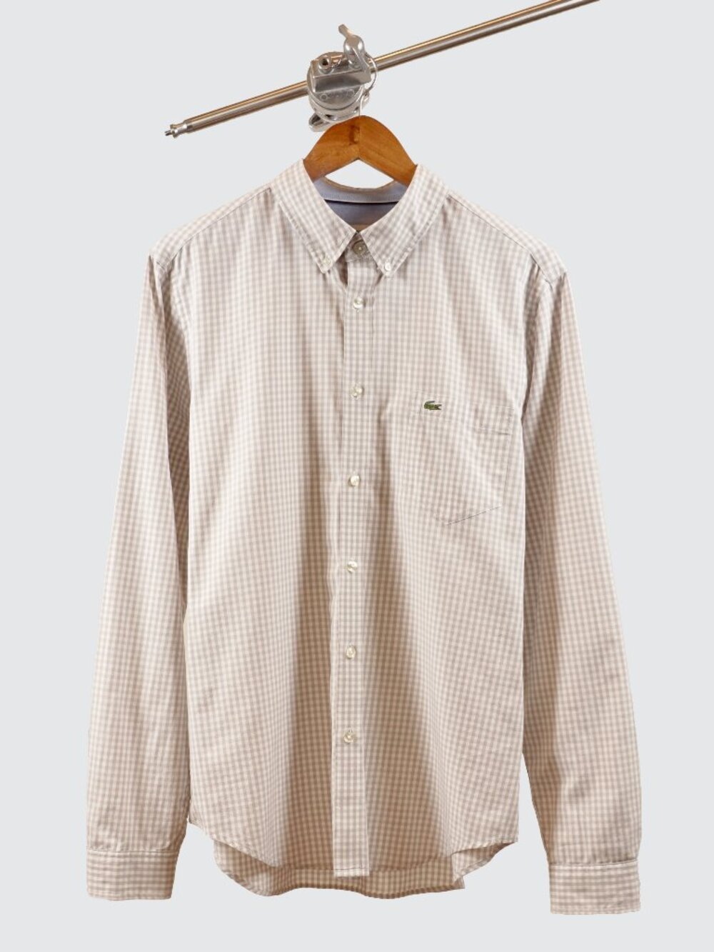 Lacoste Men's Large Grey White Gingham Check Long Sleeve Button Down